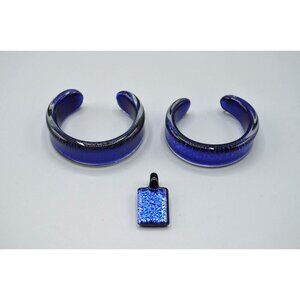 Cobalt Blue Glass Cuff Bracelets & Pendant Signed RWG Jewelry Set Ocean Sea